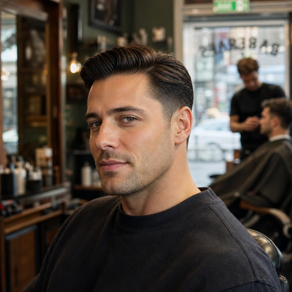 Pompadour met strakke fade en volledige baardvorm
