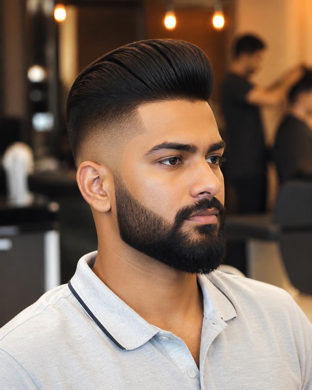 Pompadour met strakke fade en volledige baardvorm